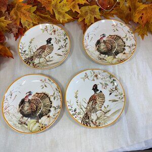 Potters Studio Woodland Turkey & Pheasant Salad Plates Set of 4 Thanksgiving New